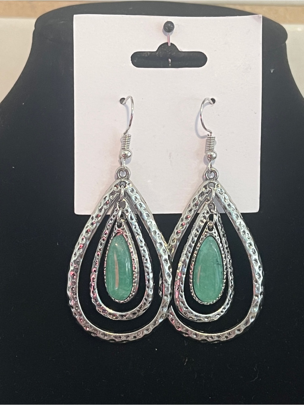 Paparazzi Silver Teardrop Earrings with Green Accent